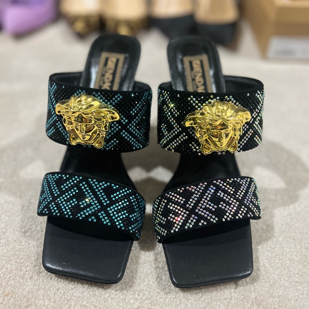 Versace x Fendi Calfskin Crystal Fendace FF Medusa High Heel Mule Sandal